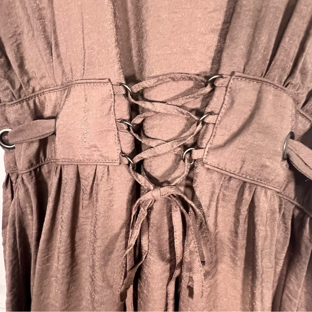Edge Brown Button Tie Waist Lightweight Corset Back Casual Summer Dress - Picture 7 of 10